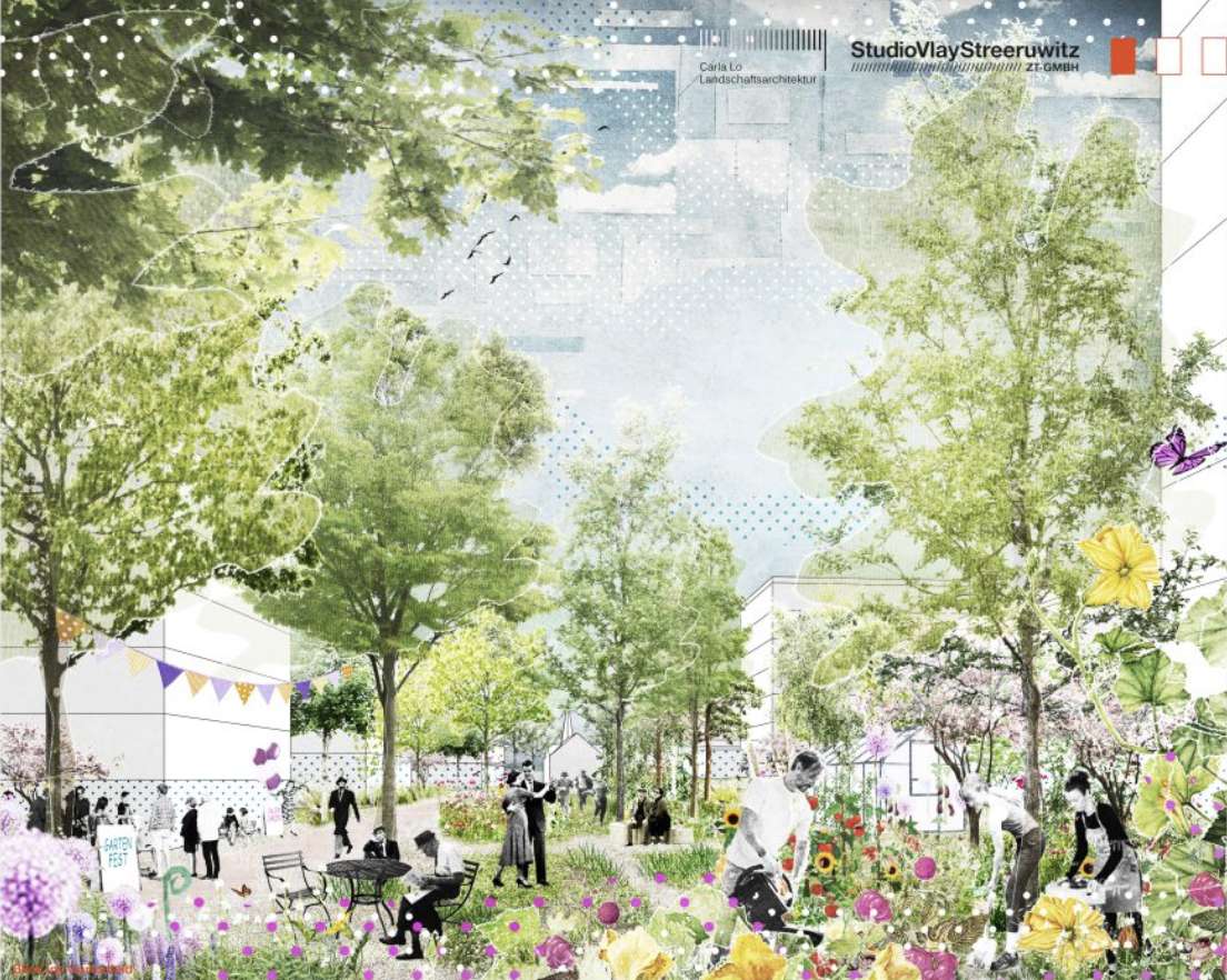 Visualisierung des zukünftigen Gartenfeldes im Tobias-Mayer-Quartier im Siegerentwurf von Studio Vlay Streeruwitz und Carla Lo Landschaftsarchitektur aus Wien