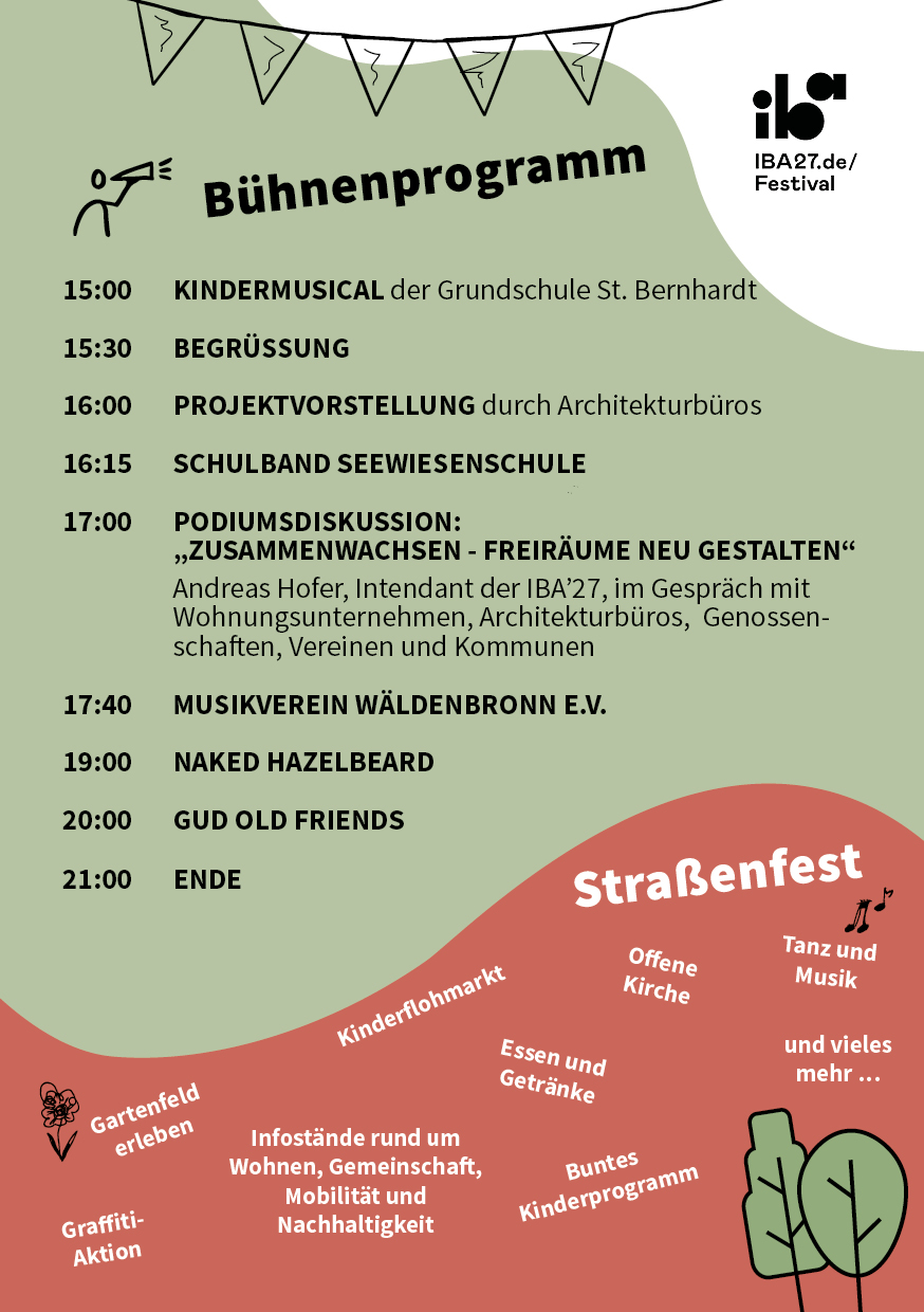 Programmflyer zum Gartenfeldfest im Tobias-Mayer-Quartier. Es gibt ein Bühnenprogramm von 15-21 Uhr und ein vielfältiges Programm auf dem Straßenfest.
