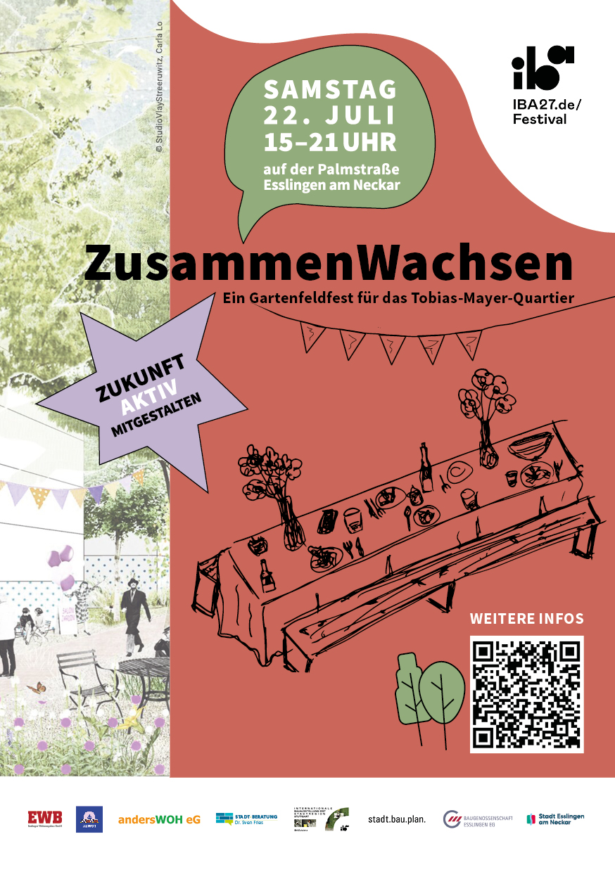 Einladungsplakat zum Gartenfeldfest im Tobias-Mayer-Quartier im Rahmen des IBA’27-Festivals am 22. Juli 2023 auf der Palmstraße.